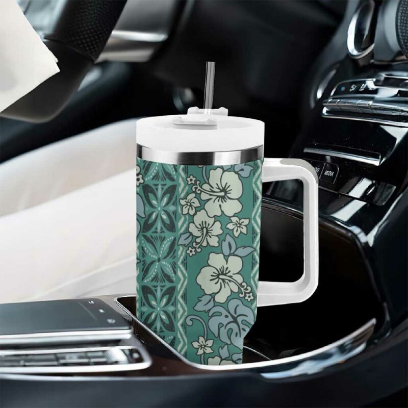 Hawaii Vintage Green Hibiscus Tapa Custom Stanley Quencher 40oz Stainless Steel Tumbler With Handle - Threewoofs - Image 8