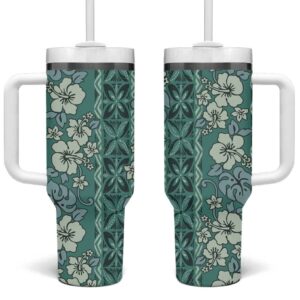 Hawaii Vintage Green Hibiscus Tapa Custom Stanley Quencher 40oz Stainless Steel Tumbler With Handle - Threewoofs
