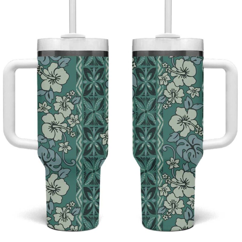 Hawaii Vintage Green Hibiscus Tapa Custom Stanley Quencher 40oz Stainless Steel Tumbler With Handle - Threewoofs
