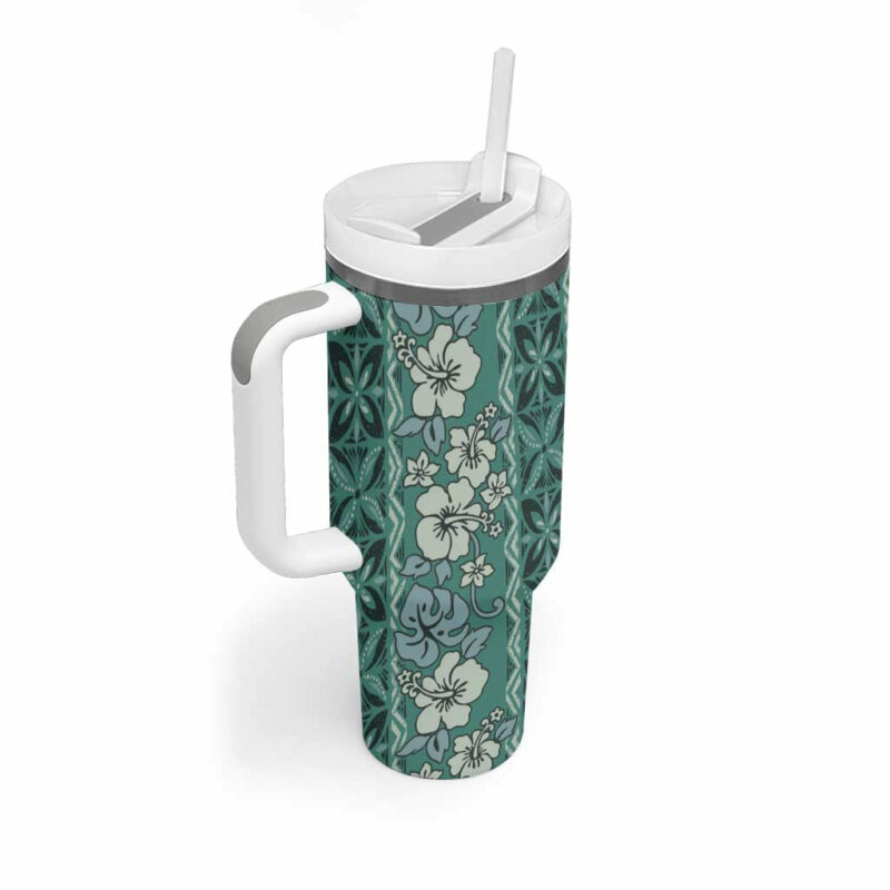 Hawaii Vintage Green Hibiscus Tapa Custom Stanley Quencher 40oz Stainless Steel Tumbler With Handle - Threewoofs - Image 2