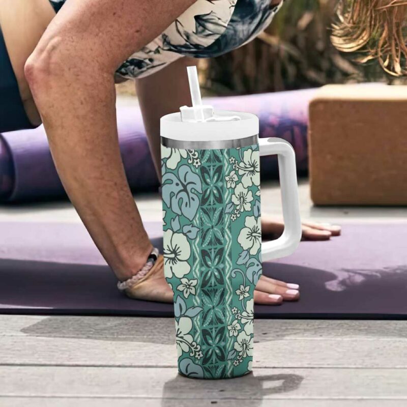 Hawaii Vintage Green Hibiscus Tapa Custom Stanley Quencher 40oz Stainless Steel Tumbler With Handle - Threewoofs - Image 6
