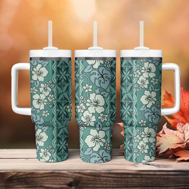 Hawaii Vintage Green Hibiscus Tapa Custom Stanley Quencher 40oz Stainless Steel Tumbler With Handle - Threewoofs - Image 4
