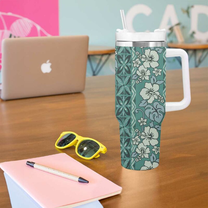 Hawaii Vintage Green Hibiscus Tapa Custom Stanley Quencher 40oz Stainless Steel Tumbler With Handle - Threewoofs - Image 5
