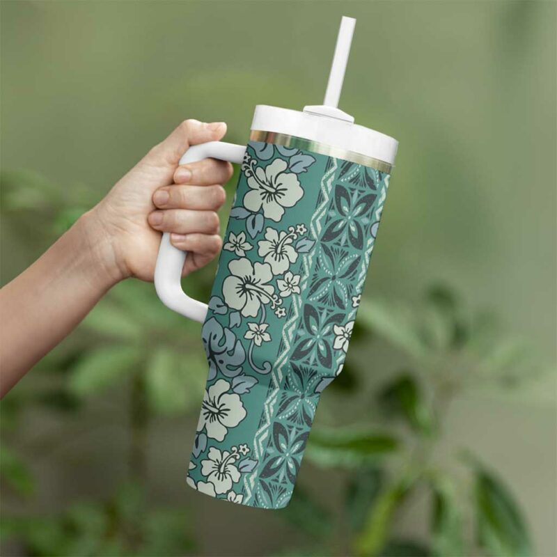 Hawaii Vintage Green Hibiscus Tapa Custom Stanley Quencher 40oz Stainless Steel Tumbler With Handle - Threewoofs - Image 3