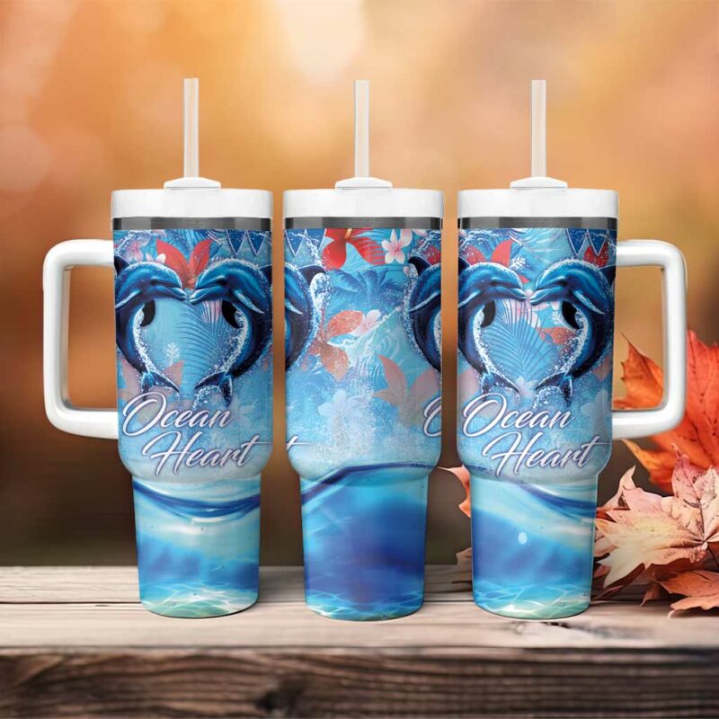 Hawaiian Dolphin Love Ocean Heart Custom Stanley Quencher 40oz Stainless Steel Tumbler With Handle - Threewoofs - Image 4