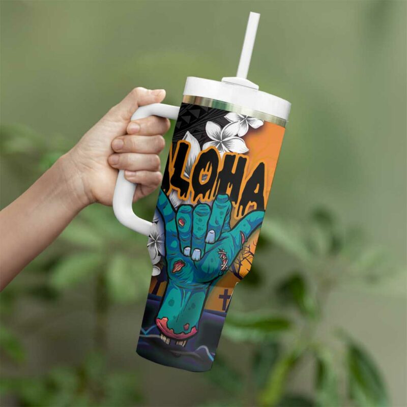 Hawaiian Halloween Horror Shaka Hand Custom Stanley Quencher 40oz Stainless Steel Tumbler With Handle - Threewoofs - Image 3
