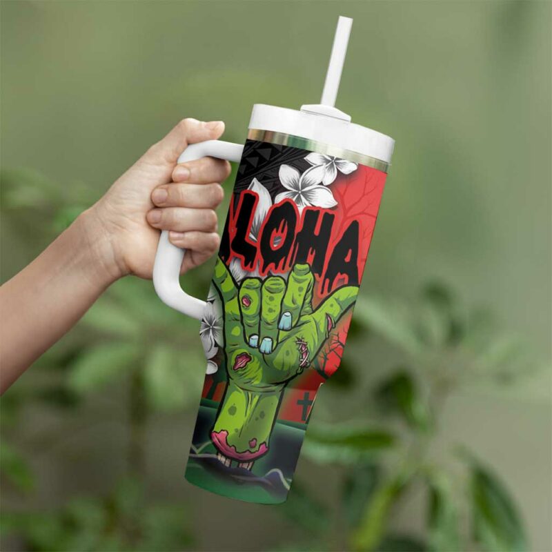 Hawaiian Halloween Horror Shaka Hand Custom Stanley Quencher 40oz Stainless Steel Tumbler With Handle - Threewoofs - Image 3