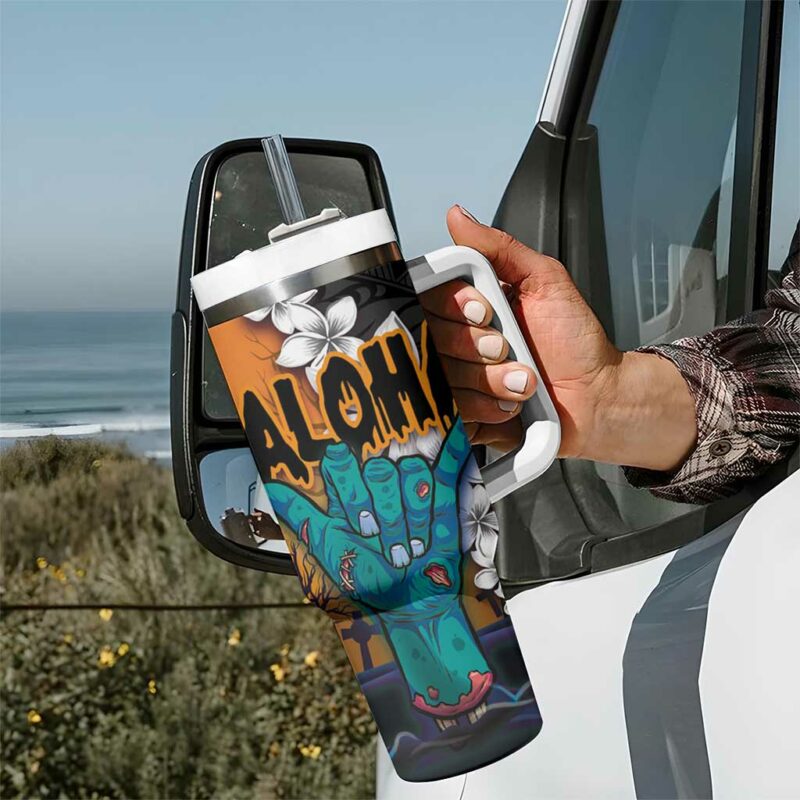 Hawaiian Halloween Horror Shaka Hand Custom Stanley Quencher 40oz Stainless Steel Tumbler With Handle - Threewoofs - Image 7