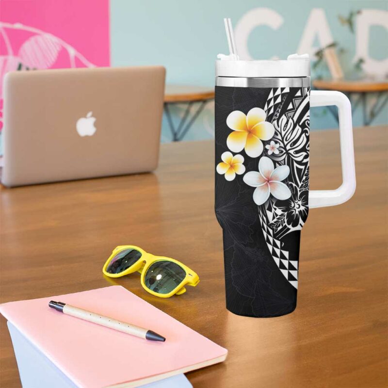 Hawaiian Hibiscus and Plumeria Polynesian Tribal Tattoo Black Color Custom Stanley Quencher 40oz Stainless Steel Tumbler With Handle - Threewoofs - Image 5