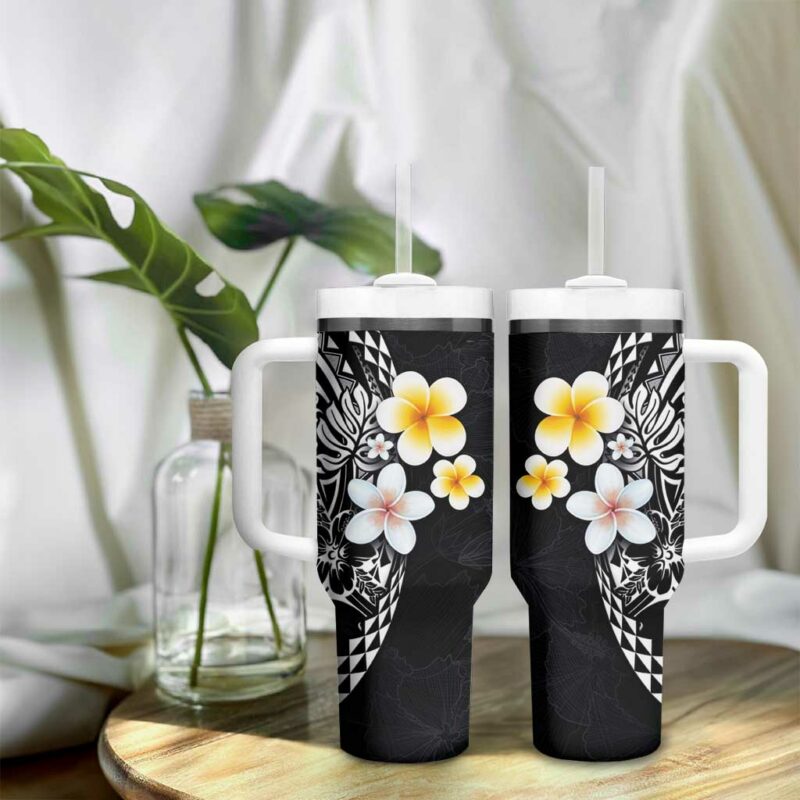 Hawaiian Hibiscus and Plumeria Polynesian Tribal Tattoo Black Color Custom Stanley Quencher 40oz Stainless Steel Tumbler With Handle - Threewoofs - Image 9