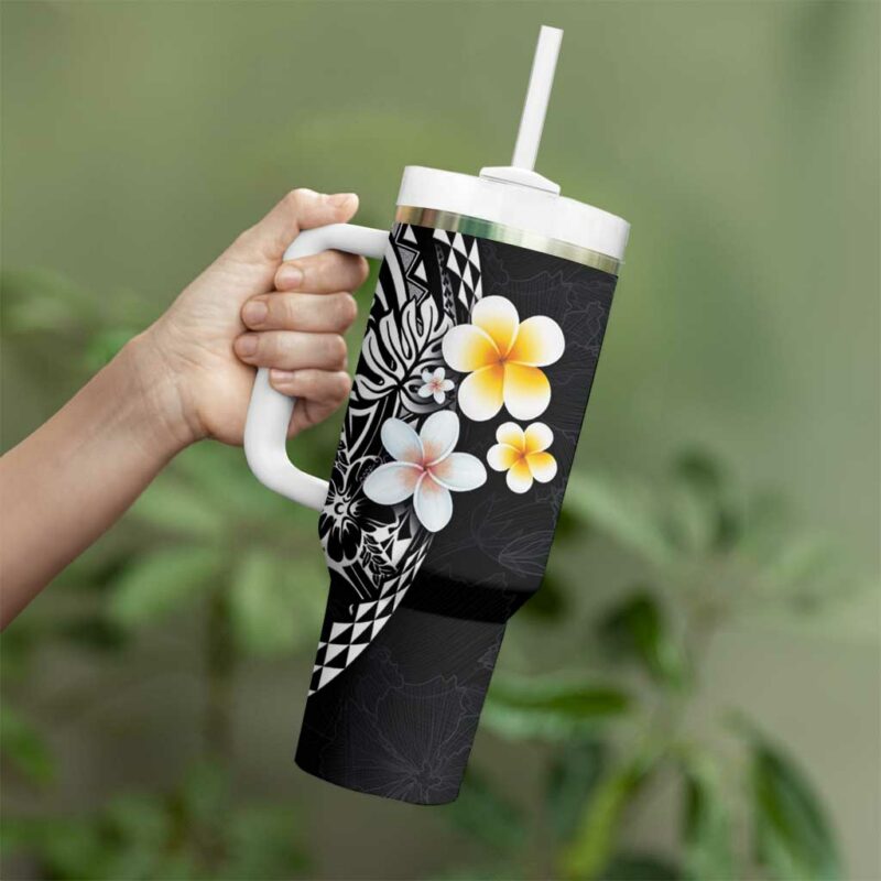Hawaiian Hibiscus and Plumeria Polynesian Tribal Tattoo Black Color Custom Stanley Quencher 40oz Stainless Steel Tumbler With Handle - Threewoofs - Image 3