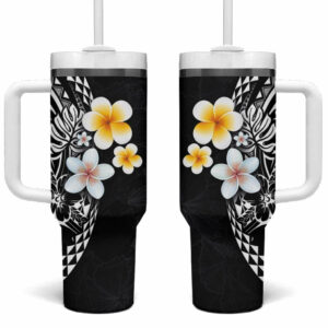 Hawaiian Hibiscus and Plumeria Polynesian Tribal Tattoo Black Color Custom Stanley Quencher 40oz Stainless Steel Tumbler With Handle - Threewoofs