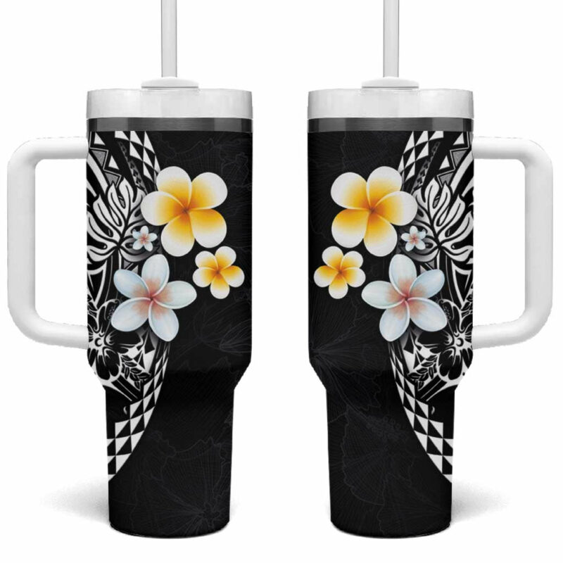 Hawaiian Hibiscus and Plumeria Polynesian Tribal Tattoo Black Color Custom Stanley Quencher 40oz Stainless Steel Tumbler With Handle - Threewoofs