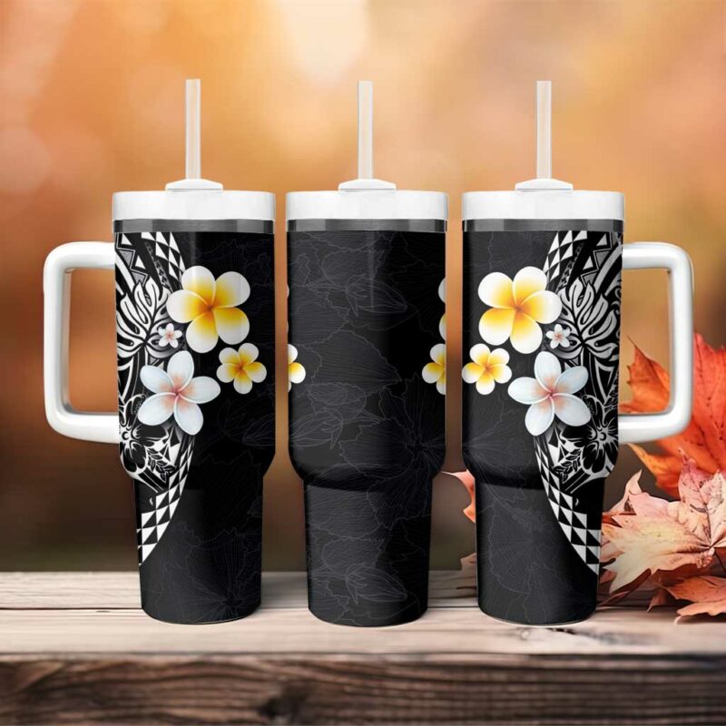 Hawaiian Hibiscus and Plumeria Polynesian Tribal Tattoo Black Color Custom Stanley Quencher 40oz Stainless Steel Tumbler With Handle - Threewoofs - Image 4