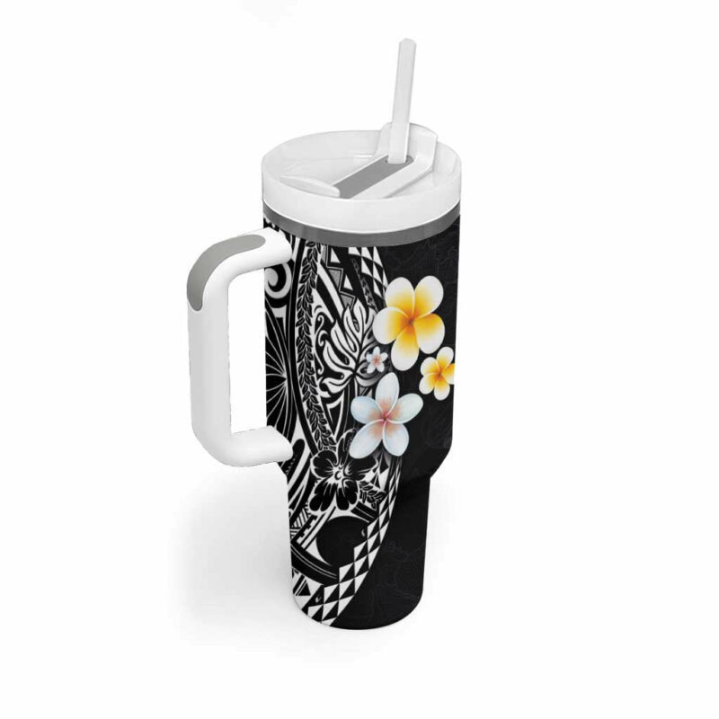 Hawaiian Hibiscus and Plumeria Polynesian Tribal Tattoo Black Color Custom Stanley Quencher 40oz Stainless Steel Tumbler With Handle - Threewoofs - Image 2