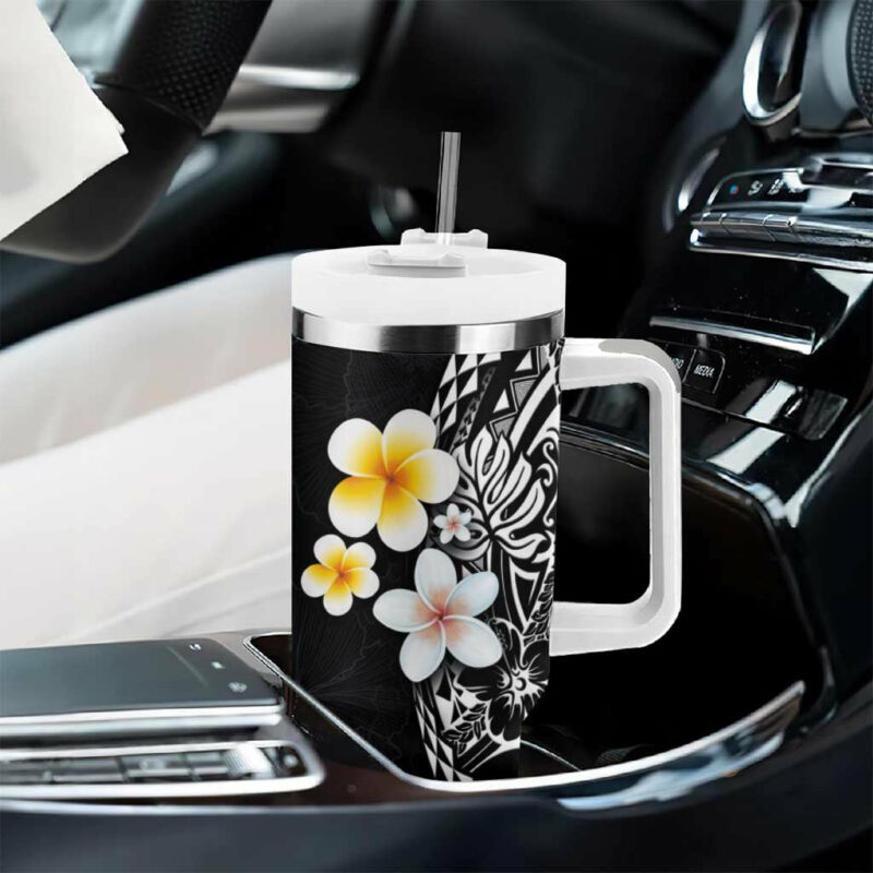 Hawaiian Hibiscus and Plumeria Polynesian Tribal Tattoo Black Color Custom Stanley Quencher 40oz Stainless Steel Tumbler With Handle - Threewoofs - Image 8