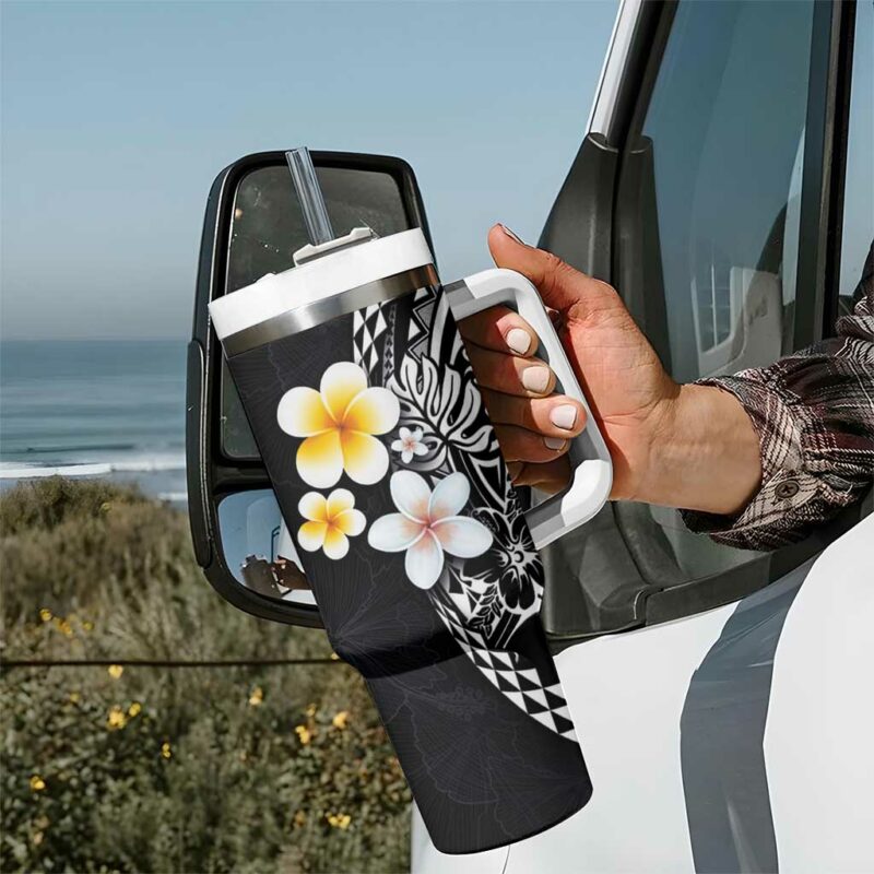 Hawaiian Hibiscus and Plumeria Polynesian Tribal Tattoo Black Color Custom Stanley Quencher 40oz Stainless Steel Tumbler With Handle - Threewoofs - Image 7