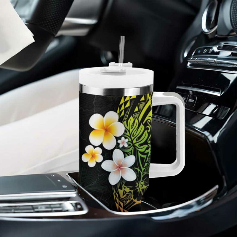 Hawaiian Hibiscus and Plumeria Polynesian Tribal Tattoo Reggae Color Custom Stanley Quencher 40oz Stainless Steel Tumbler With Handle - Threewoofs - Image 8