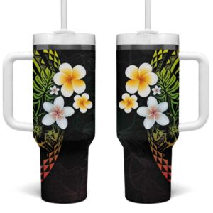 Hawaiian Hibiscus and Plumeria Polynesian Tribal Tattoo Reggae Color Custom Stanley Quencher 40oz Stainless Steel Tumbler With Handle - Threewoofs