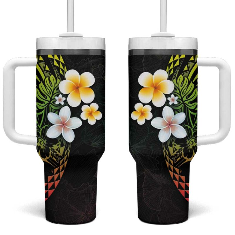 Hawaiian Hibiscus and Plumeria Polynesian Tribal Tattoo Reggae Color Custom Stanley Quencher 40oz Stainless Steel Tumbler With Handle - Threewoofs