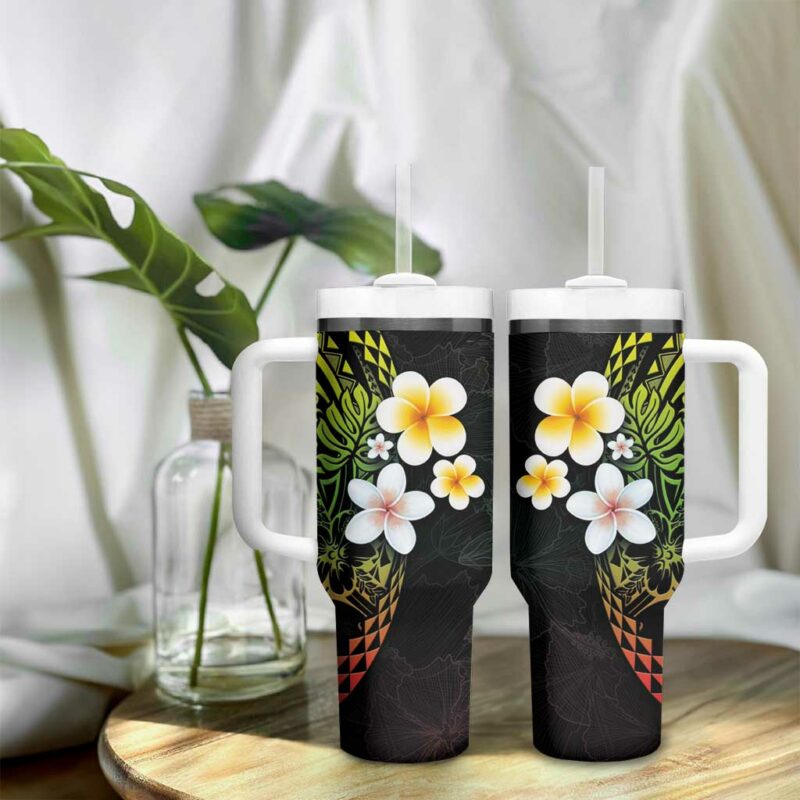 Hawaiian Hibiscus and Plumeria Polynesian Tribal Tattoo Reggae Color Custom Stanley Quencher 40oz Stainless Steel Tumbler With Handle - Threewoofs - Image 9