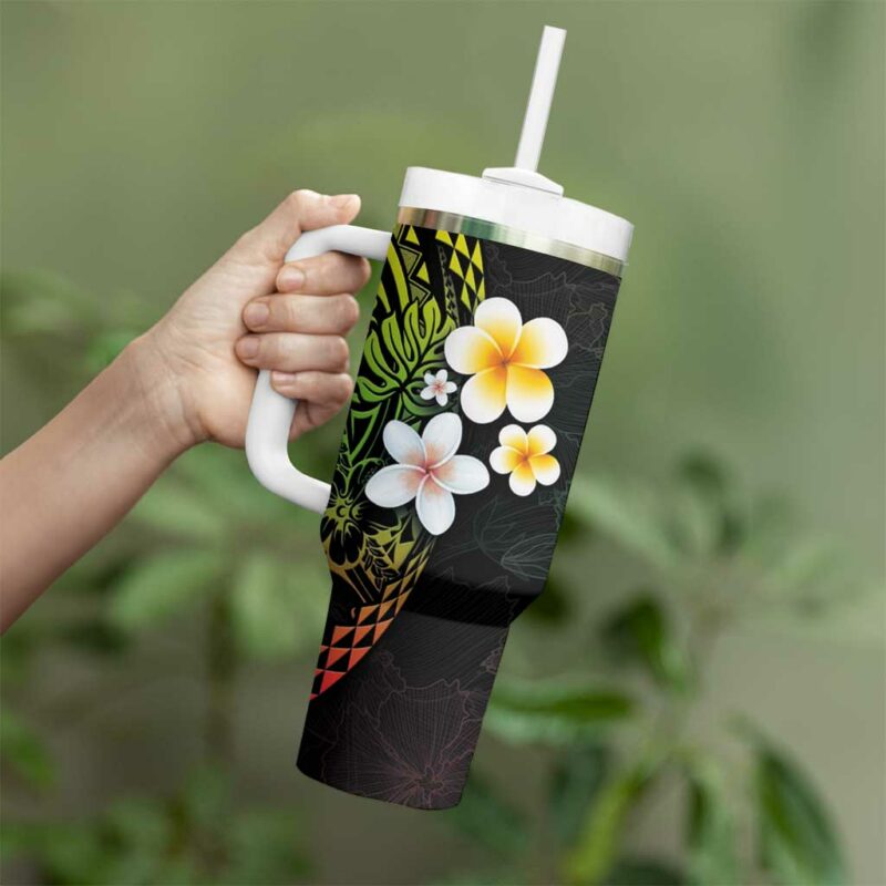 Hawaiian Hibiscus and Plumeria Polynesian Tribal Tattoo Reggae Color Custom Stanley Quencher 40oz Stainless Steel Tumbler With Handle - Threewoofs - Image 3