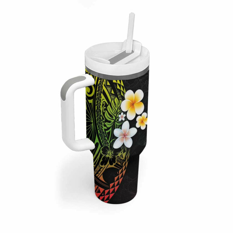 Hawaiian Hibiscus and Plumeria Polynesian Tribal Tattoo Reggae Color Custom Stanley Quencher 40oz Stainless Steel Tumbler With Handle - Threewoofs - Image 2