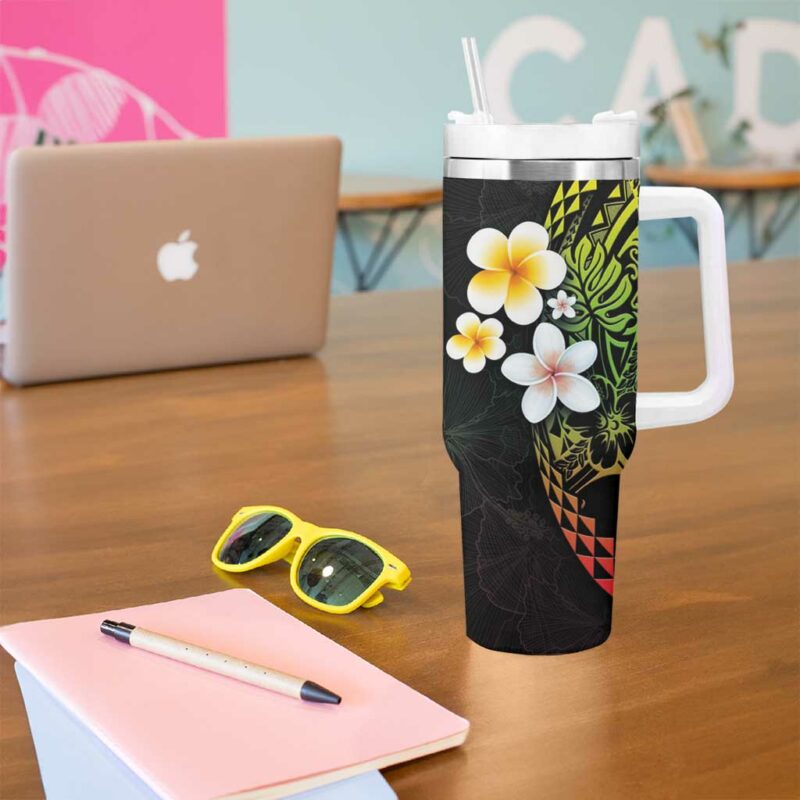 Hawaiian Hibiscus and Plumeria Polynesian Tribal Tattoo Reggae Color Custom Stanley Quencher 40oz Stainless Steel Tumbler With Handle - Threewoofs - Image 5