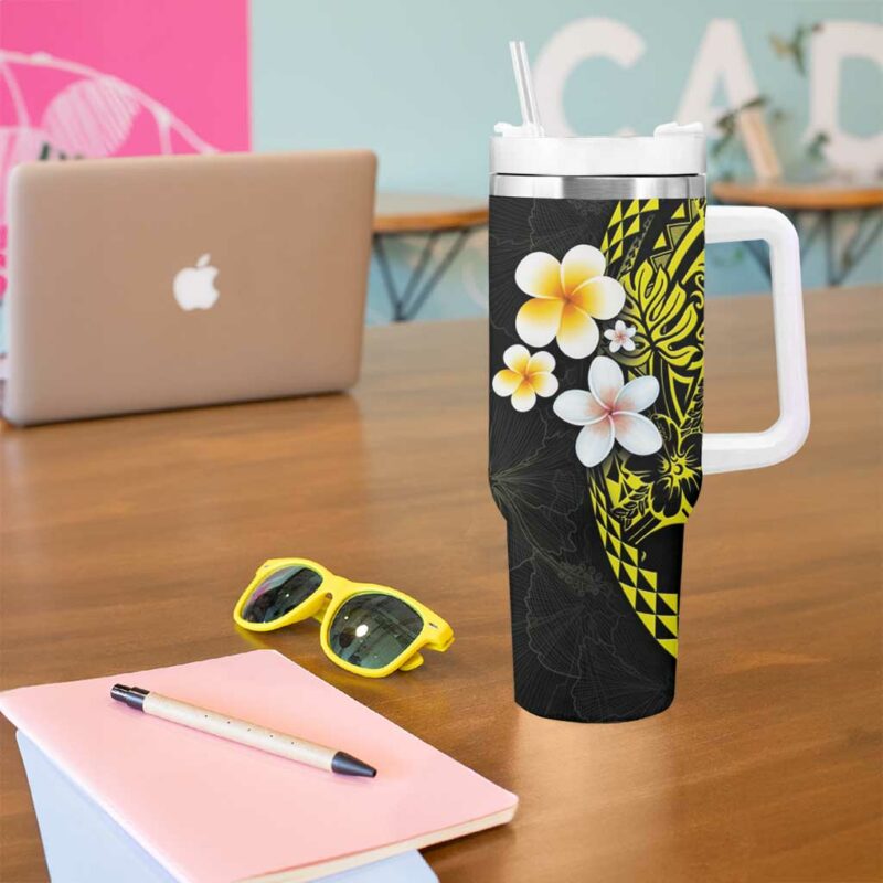Hawaiian Hibiscus and Plumeria Polynesian Tribal Tattoo Yellow Color Custom Stanley Quencher 40oz Stainless Steel Tumbler With Handle - Threewoofs - Image 5