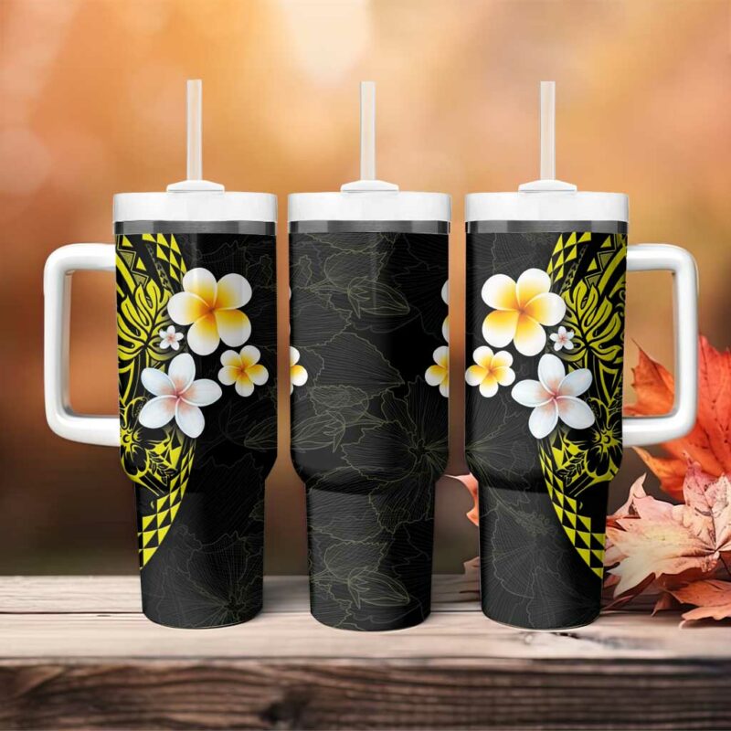 Hawaiian Hibiscus and Plumeria Polynesian Tribal Tattoo Yellow Color Custom Stanley Quencher 40oz Stainless Steel Tumbler With Handle - Threewoofs - Image 4