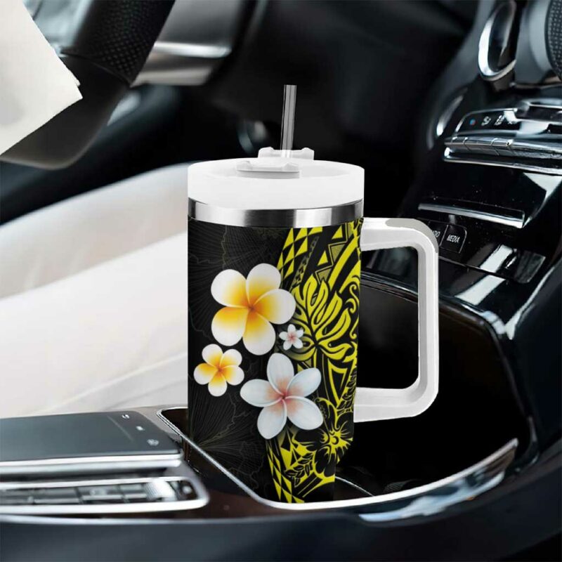 Hawaiian Hibiscus and Plumeria Polynesian Tribal Tattoo Yellow Color Custom Stanley Quencher 40oz Stainless Steel Tumbler With Handle - Threewoofs - Image 8