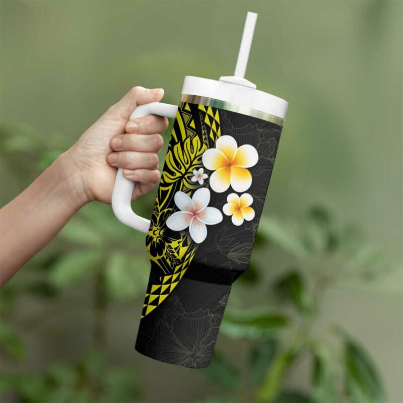 Hawaiian Hibiscus and Plumeria Polynesian Tribal Tattoo Yellow Color Custom Stanley Quencher 40oz Stainless Steel Tumbler With Handle - Threewoofs - Image 3