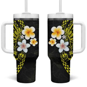 Hawaiian Hibiscus and Plumeria Polynesian Tribal Tattoo Yellow Color Custom Stanley Quencher 40oz Stainless Steel Tumbler With Handle - Threewoofs