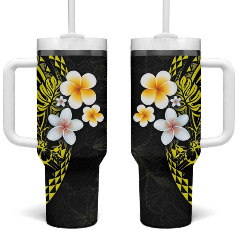 Hawaiian Hibiscus and Plumeria Polynesian Tribal Tattoo Yellow Color Custom Stanley Quencher 40oz Stainless Steel Tumbler With Handle - Threewoofs
