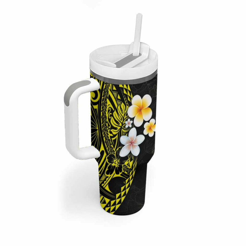 Hawaiian Hibiscus and Plumeria Polynesian Tribal Tattoo Yellow Color Custom Stanley Quencher 40oz Stainless Steel Tumbler With Handle - Threewoofs - Image 2
