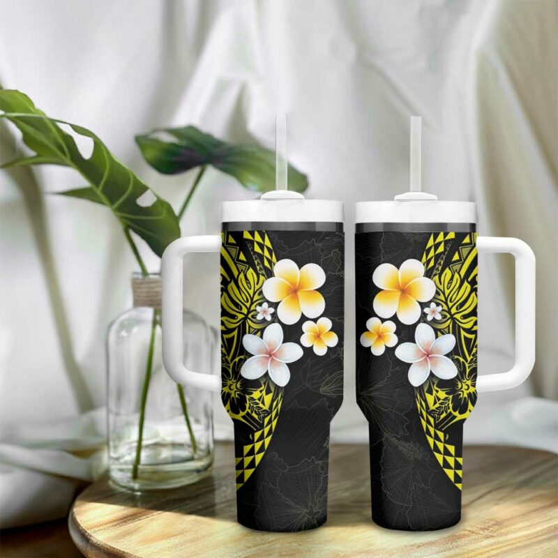 Hawaiian Hibiscus and Plumeria Polynesian Tribal Tattoo Yellow Color Custom Stanley Quencher 40oz Stainless Steel Tumbler With Handle - Threewoofs - Image 9