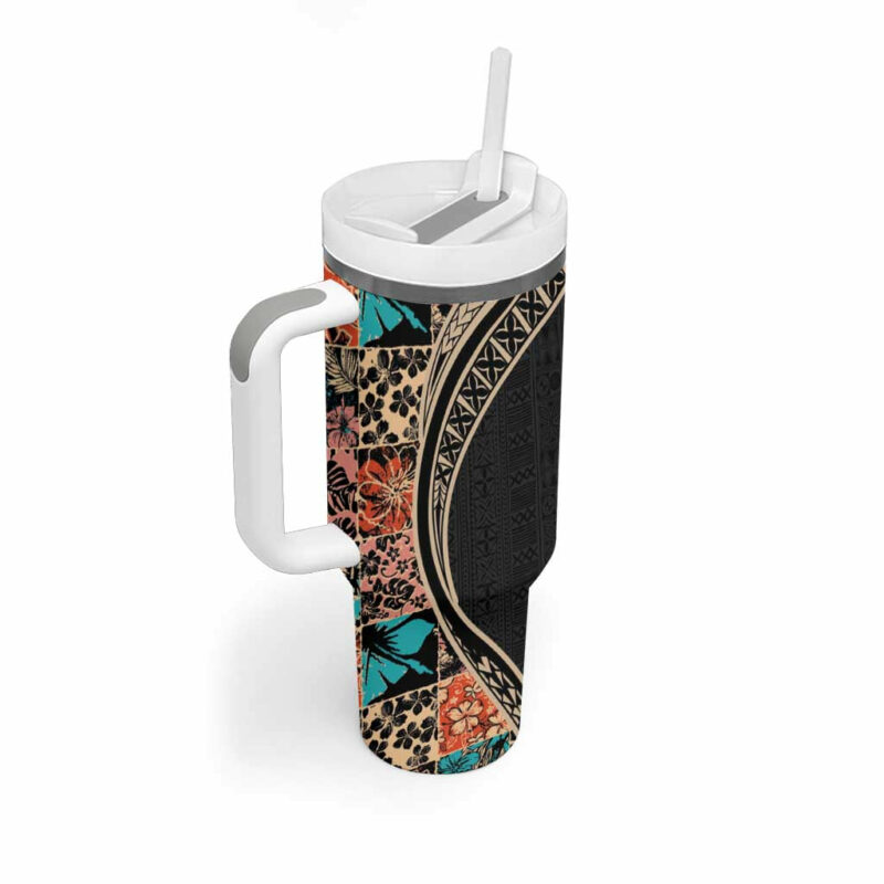 Hawaiian Hibiscus and Tropical Leaves Patchwork Grunge Abstract Custom Stanley Quencher 40oz Stainless Steel Tumbler With Handle - Threewoofs - Image 2