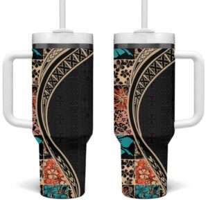 Hawaiian Hibiscus and Tropical Leaves Patchwork Grunge Abstract Custom Stanley Quencher 40oz Stainless Steel Tumbler With Handle - Threewoofs