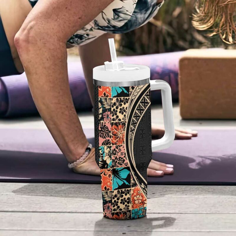 Hawaiian Hibiscus and Tropical Leaves Patchwork Grunge Abstract Custom Stanley Quencher 40oz Stainless Steel Tumbler With Handle - Threewoofs - Image 6