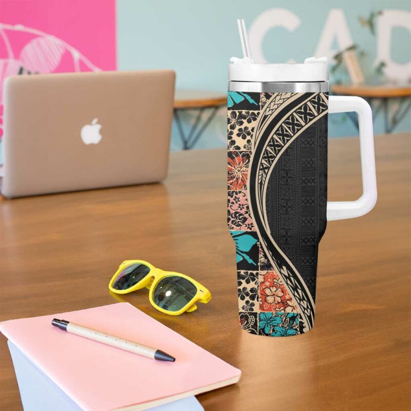 Hawaiian Hibiscus and Tropical Leaves Patchwork Grunge Abstract Custom Stanley Quencher 40oz Stainless Steel Tumbler With Handle - Threewoofs - Image 5