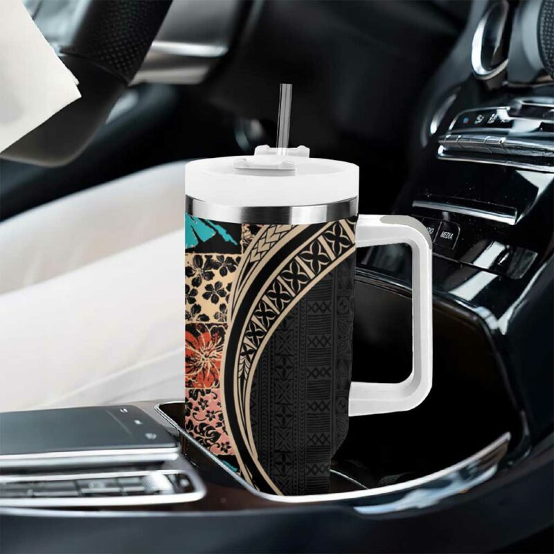 Hawaiian Hibiscus and Tropical Leaves Patchwork Grunge Abstract Custom Stanley Quencher 40oz Stainless Steel Tumbler With Handle - Threewoofs - Image 8