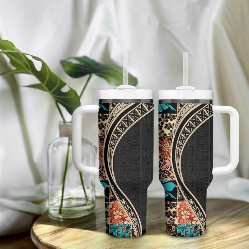 Hawaiian Hibiscus and Tropical Leaves Patchwork Grunge Abstract Custom Stanley Quencher 40oz Stainless Steel Tumbler With Handle - Threewoofs - Image 9