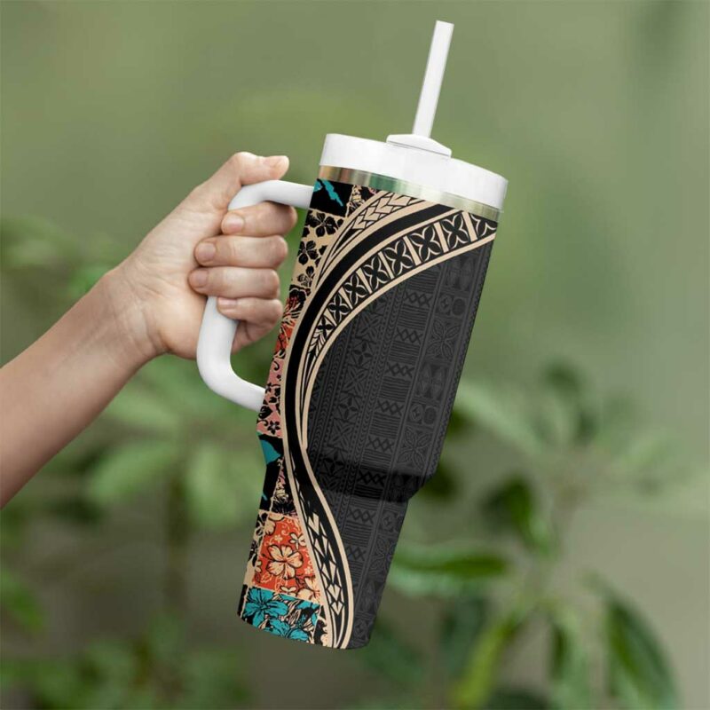 Hawaiian Hibiscus and Tropical Leaves Patchwork Grunge Abstract Custom Stanley Quencher 40oz Stainless Steel Tumbler With Handle - Threewoofs - Image 3