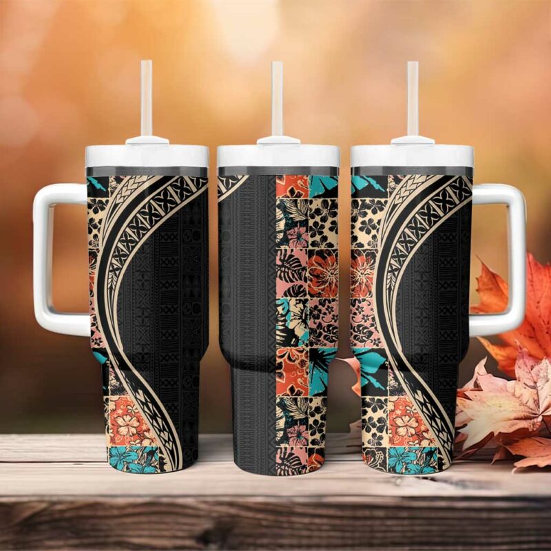 Hawaiian Hibiscus and Tropical Leaves Patchwork Grunge Abstract Custom Stanley Quencher 40oz Stainless Steel Tumbler With Handle - Threewoofs - Image 4