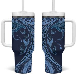 Hawaiian Manta Ray and Polynesian Tribal Tattoo Dark Navy Color Custom Stanley Quencher 40oz Stainless Steel Tumbler With Handle - Threewoofs