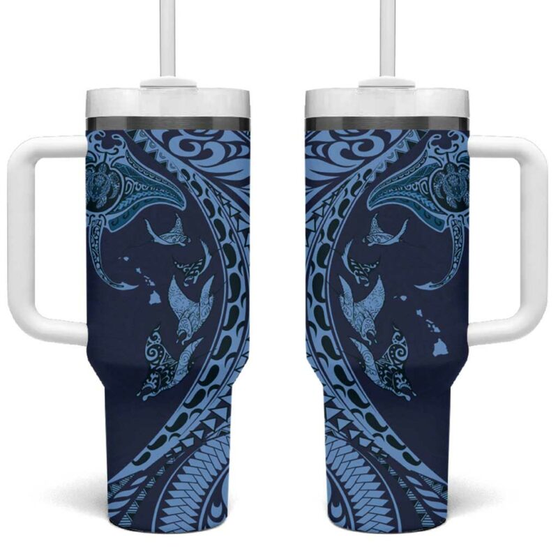 Hawaiian Manta Ray and Polynesian Tribal Tattoo Dark Navy Color Custom Stanley Quencher 40oz Stainless Steel Tumbler With Handle - Threewoofs