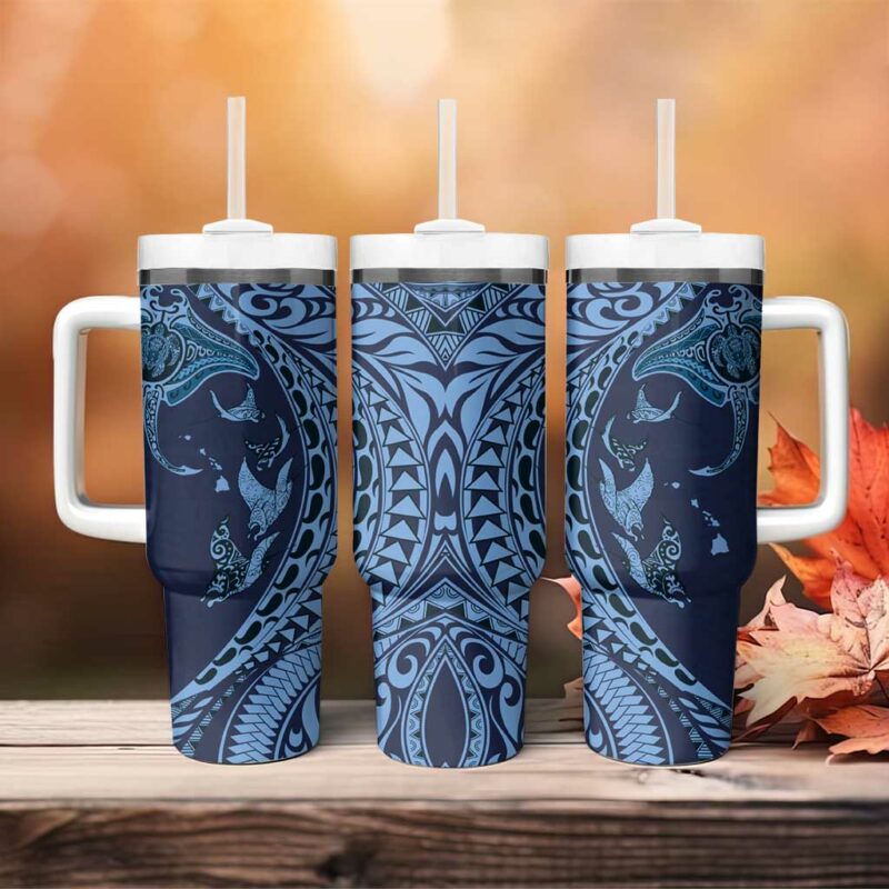 Hawaiian Manta Ray and Polynesian Tribal Tattoo Dark Navy Color Custom Stanley Quencher 40oz Stainless Steel Tumbler With Handle - Threewoofs - Image 4