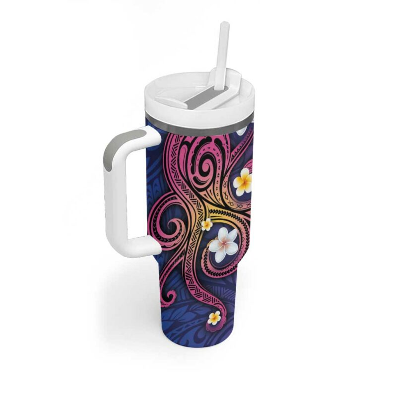 Hawaiian Octopus Tattoo and Frangipani Custom Stanley Quencher 40oz Stainless Steel Tumbler With Handle - Threewoofs - Image 2