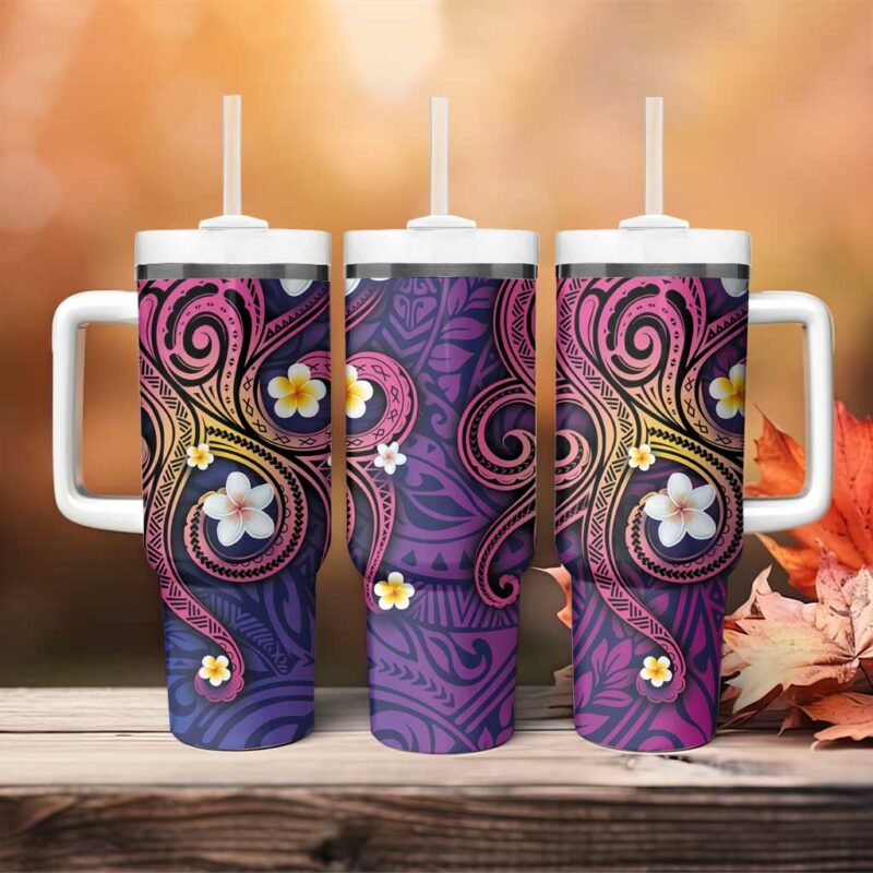 Hawaiian Octopus Tattoo and Frangipani Custom Stanley Quencher 40oz Stainless Steel Tumbler With Handle - Threewoofs - Image 4
