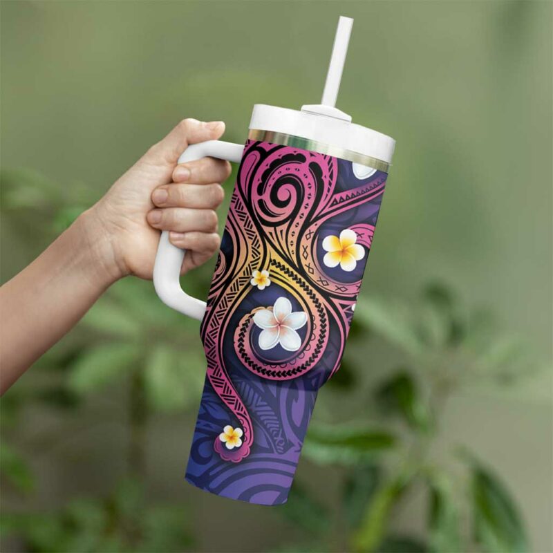 Hawaiian Octopus Tattoo and Frangipani Custom Stanley Quencher 40oz Stainless Steel Tumbler With Handle - Threewoofs - Image 3
